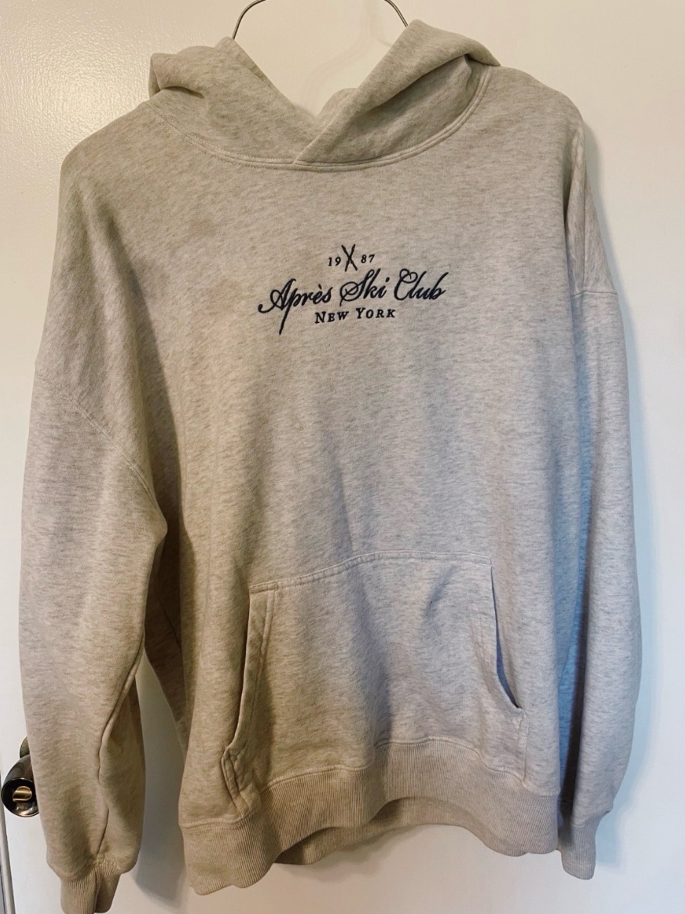 Hollister Hoodie - Light Gray with Navy Script- stains are shown